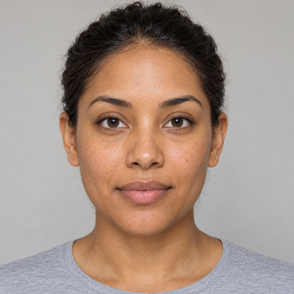 Soft taupe eye look on a synthetic sample face